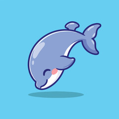 Naklejka premium Adorable Kawaii Dolphin Character Leaping in the Air with Smiling Face, Cute Ocean Animal Mascot in Action Pose, Sea Life Cartoon Clipart Sticker
