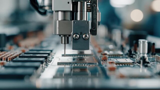 Robotic system automated assembly circuit board microchip electronics manufacturing line high fidelity factory precision robot