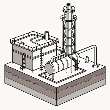 An isometric illustration depicts an industrial complex featuring a distillation column tanks and connecting pipelines on a platform high quality professional detailed