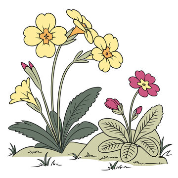 A charming illustration depicts a cluster of primrose and cowslip flowers with vibrant yellow petals and delicate green foliage high quality professional