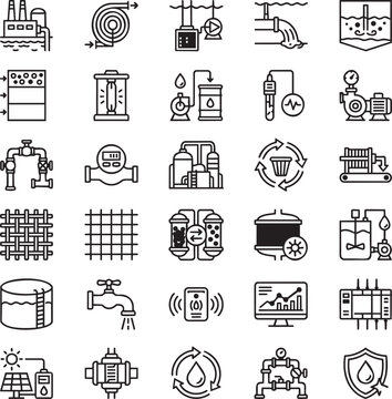 Desalination and Water Treatment Line Icons Set, Reverse Osmosis Filtration Clean Water Minimal Black Outline Vector Icons
