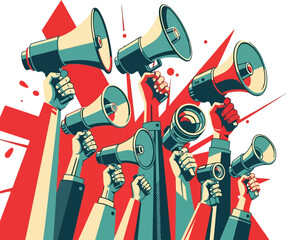 Many hands holding up megaphones to make a loud announcement or protest with a bold colorful graphic art style © Robert