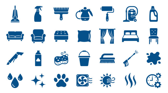 Collection of blue cleaning and home care icons representing household chores, hygiene, and comfort for domestic services and professional cleaning businesses