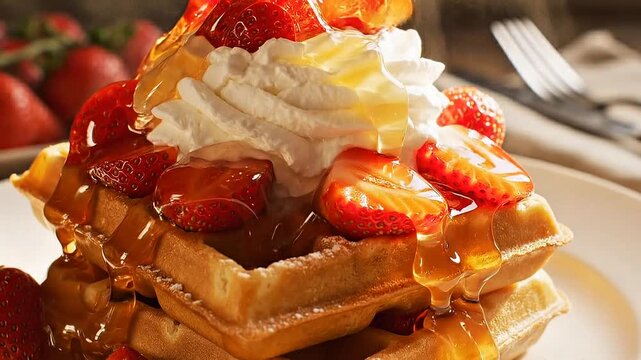 Golden maple syrup pouring over a stack of Belgian waffles topped with whipped cream and fresh strawberry slices. Close-up of a delicious breakfast dessert on a white plate