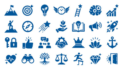 Fototapeta premium Collection of blue icons representing business success growth goals achievement motivation and strategy concepts