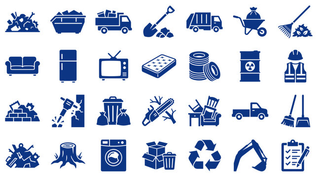 Collection of icons representing waste management and removal services including garbage trucks, dumpsters, recycling symbols, and construction debris.