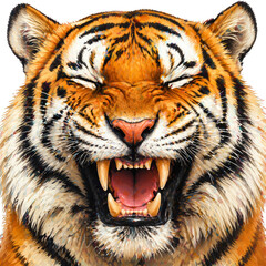 Obraz premium Fierce tiger head with mouth open showing teeth isolated