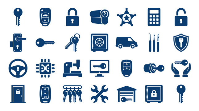 Collection of security and access icons representing keys locks safes doors vehicles and technology for protection and access control concepts
