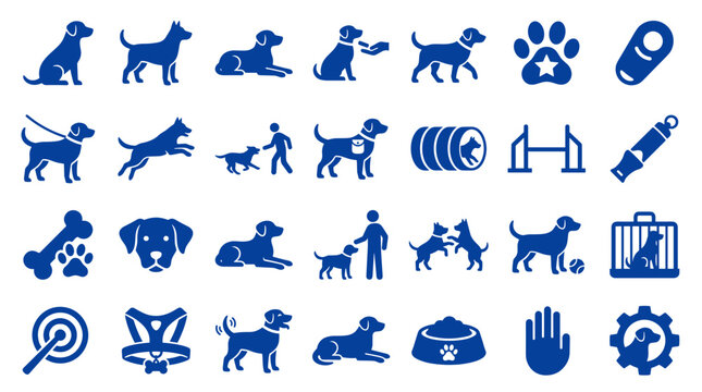 Collection of dog training icons and symbols representing obedience agility and pet care activities with blue silhouettes on white background