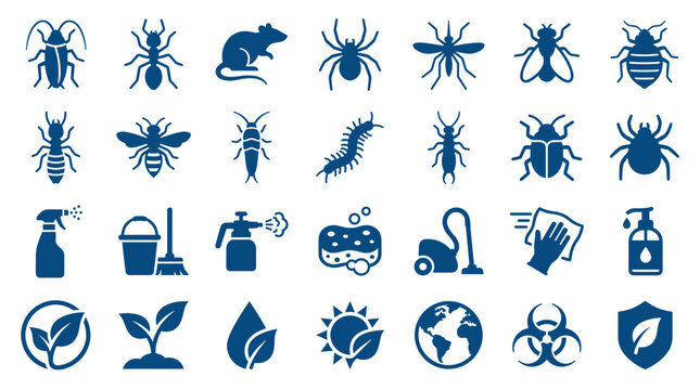 Pest control and cleaning icons set for extermination services and household hygiene solutions