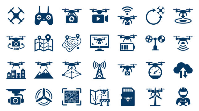 Drone technology icons set representing aerial photography videography navigation surveying and advanced drone applications