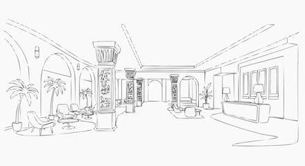 Fototapeta premium Elegant sketched indoor perspective of a luxury reception hall with decorative columns and furnished seating areas. The architectural design features an open layout and a welcoming ambiance