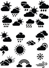 Obraz premium Collection of various weather conditions silhouettes and forecast icons with white background