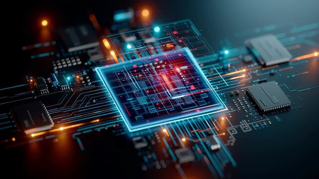 Photonic computing processor circuit board with data technology visualization, glowing quantum microchip and abstract digital