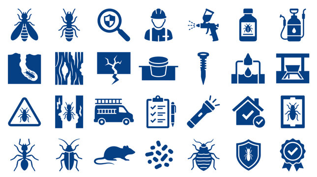 Pest control service icons set for extermination and inspection of insects rodents and termites for home protection and hygiene