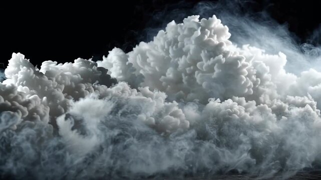 Dense white abstract smoke steam cloud with rolling fog and swirling vapor, dramatic moody dark background in motion