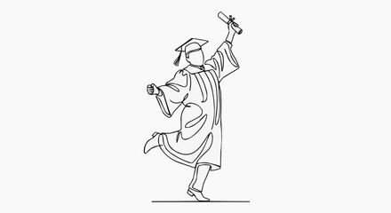 Obraz premium Line drawing illustration of a graduate, holding a diploma, celebrating their achievement. The illustration uses continuous line art, emphasizing the joy and accomplishment of graduation