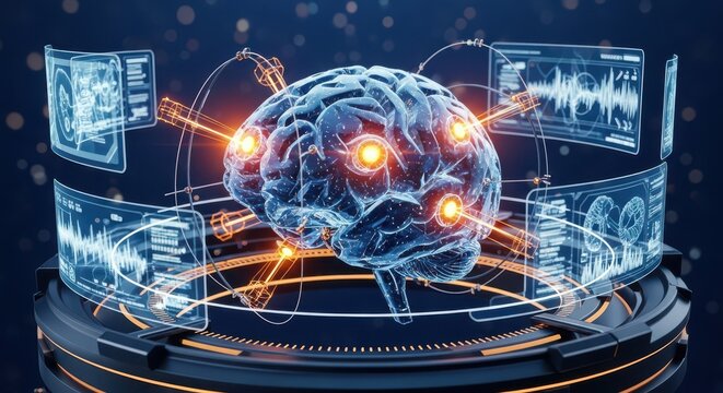 Digital human brain visualization displays advanced cognitive processing through interface panels and data streams.