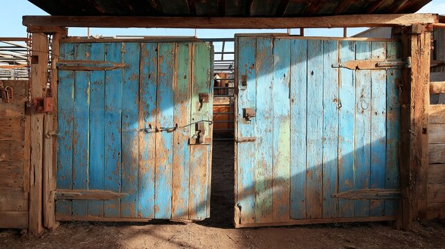 Weathered blue painted wooden stable doors with rustic iron hardware standing open in sunlight