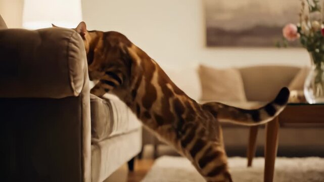 Playful Bengal Cat Chasing Laser Pointer Indoors.