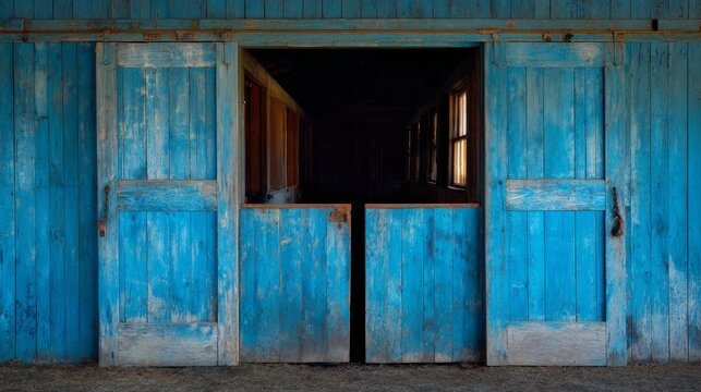 Weathered Blue Painted Wooden Stable Door Opening to Dark Interior Barn