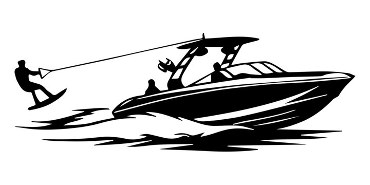 Dynamic Wakeboarding Action Silhouette: Wakeboarder Pulled by Speedboat Vector Graphic