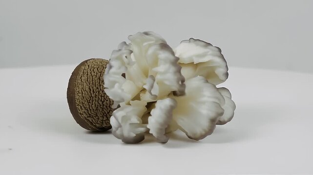 Delicate cluster of white oyster mushrooms growing next to a brown nutmeg spice on a clean white background