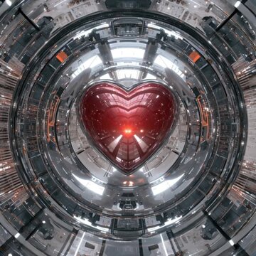 Heart floating inside futuristic metallic circular tunnel structure creating mesmerizing visual motion for abstract digital background motion graphics element video animation loop