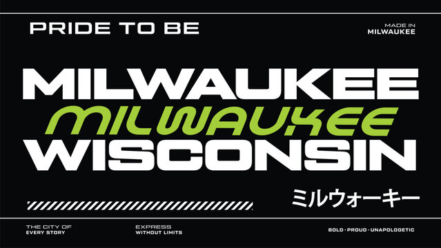Milwaukee Wisconsin Pride Graphic Design with Japanese Text and Bold Typography Design A Visually Striking Representation of a Vibrant City