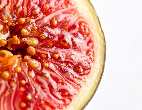 Macro close-up of a fresh ripe sliced fig with red juicy pulp on white background