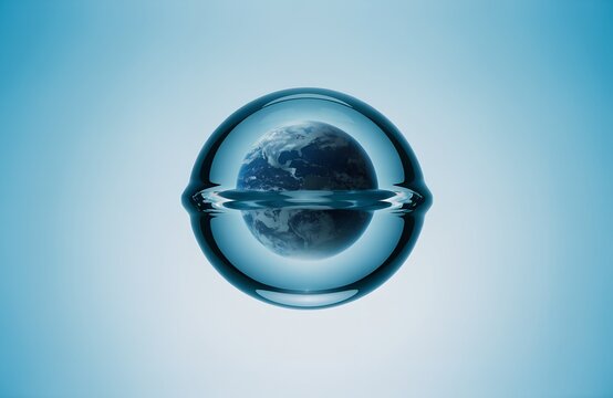  Glass‑like sphere suspended with Earth inside against blue background representing fragility, unity, and environmental awareness highlighting the planet&rsquo;s precious balance generative ai
