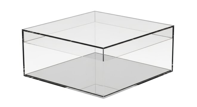 A transparent glass or plastic cube-shaped container with open top and flat bottom