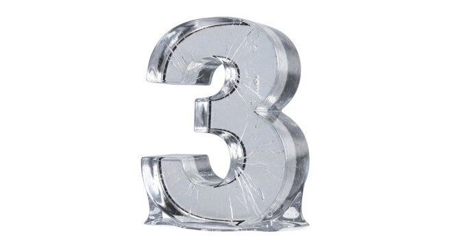 A 3D metallic number three with a scratched and reflective surface standing on a white background