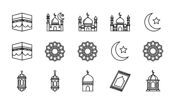 Islamic religious outline icon set with Kaaba mosque crescent and geometric symbols vector illustration