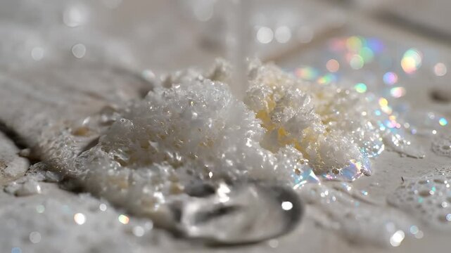 Close up of sparkling kefir grains in bubbly liquid.