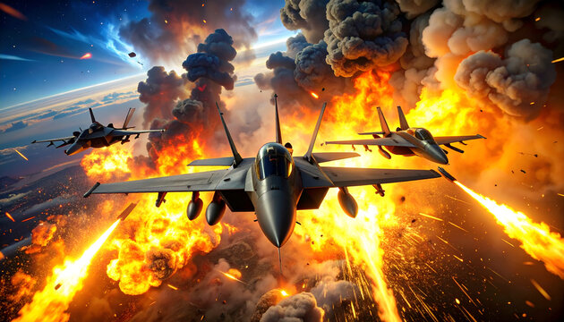 A squadron of fighter jets soars through a fiery, explosive aerial battle scene.
