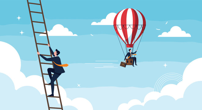 Comparison of two business strategies showing one man climbing a ladder while another flies ahead in a striped hot air balloon.