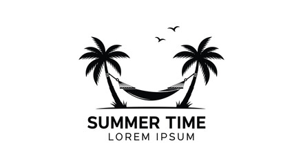 Fototapeta premium Summer time travel logo featuring a black silhouette of a hammock tied between two palm trees with birds flying in the background.