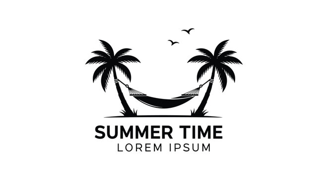 Summer time travel logo featuring a black silhouette of a hammock tied between two palm trees with birds flying in the background.