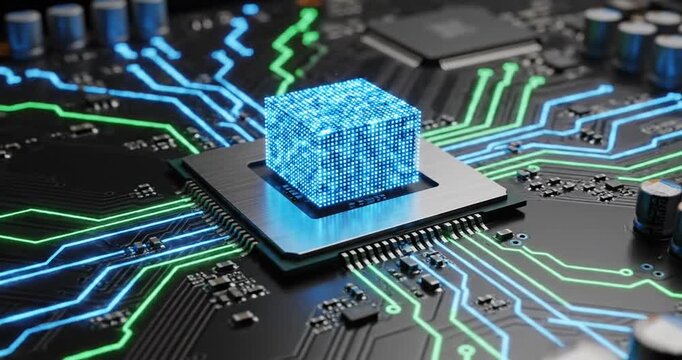 Futuristic microchip with glowing blue cube, showcasing advanced technology and digital circuits