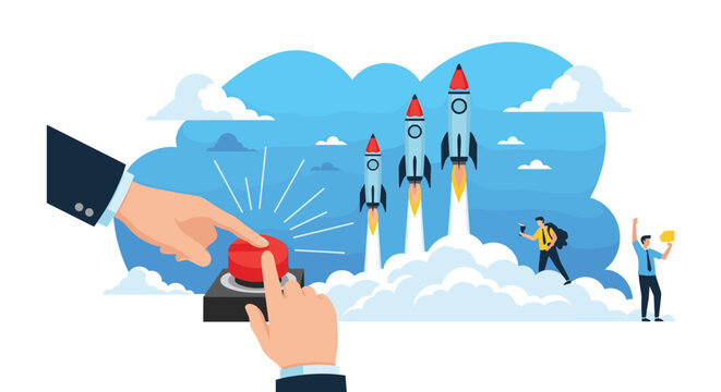 Giant hands pressing a red start button to launch multiple rockets into the sky representing a business startup or new project.