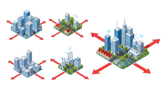 Set of isometric city planning layouts showing different urban zones with red arrows indicating directions for expansion and growth.