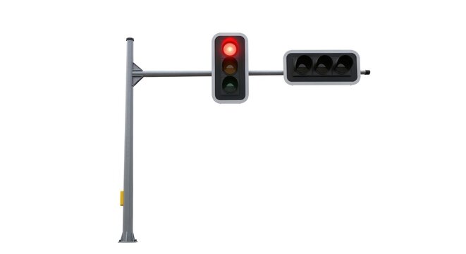 A traffic light pole with a horizontal arm supporting a red-light signal and a parallel pedestrian signal