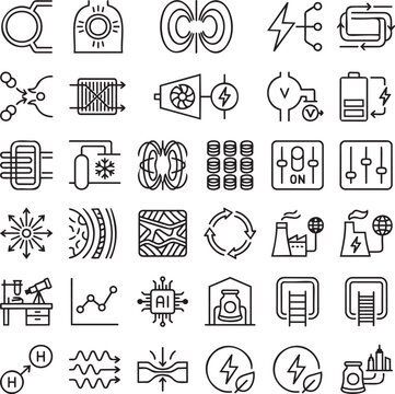 Nuclear Fusion Technology Line Icons Set, Clean Energy Reactor Plasma Minimal Black Outline Vector Icons
