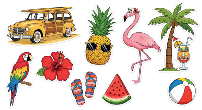 Tropical summer vacation vector elements, vintage woody surf car and pink flamingo icons, exotic beach party clip art set with pineapple and parrot