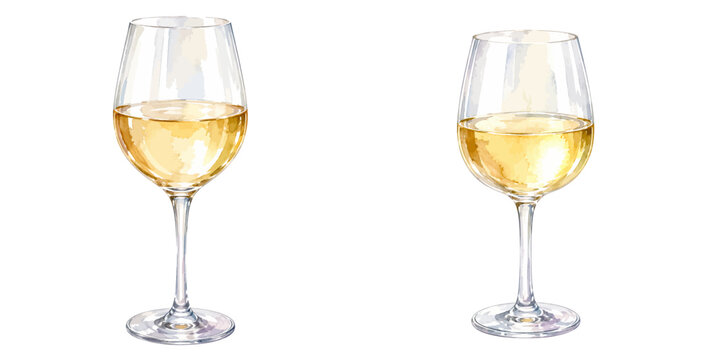 A refined watercolor collection of white wine glasses featuring elegant transparent glassware filled with golden wine in a clean minimal composition illustrated in a natural realistic style.