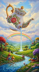 Fototapeta premium Whimsical Teapot Pours Rainbow Waterfall into Enchanted Valley Landscape.
