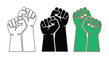 Fototapeta premium Set of Three Raised Fists Vector Icons in Outline, Solid Black, and Green
