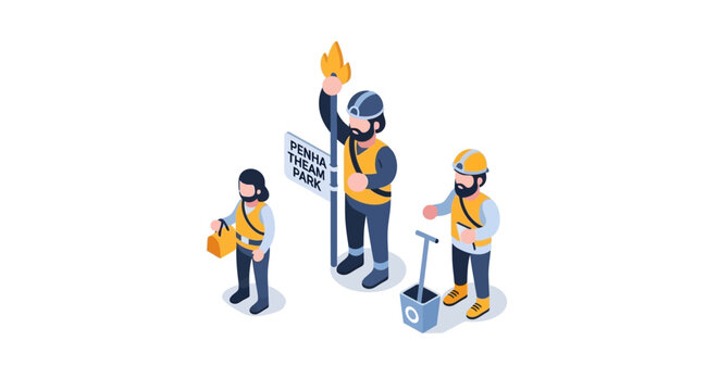 Isometric Illustration of Construction Workers Directing Traffic with Safety Gear.