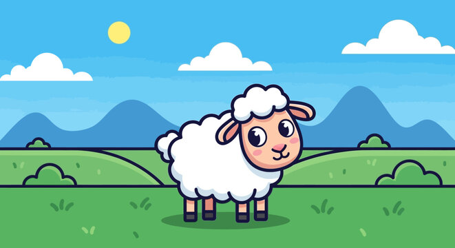 Cartoon Sheep in Field.